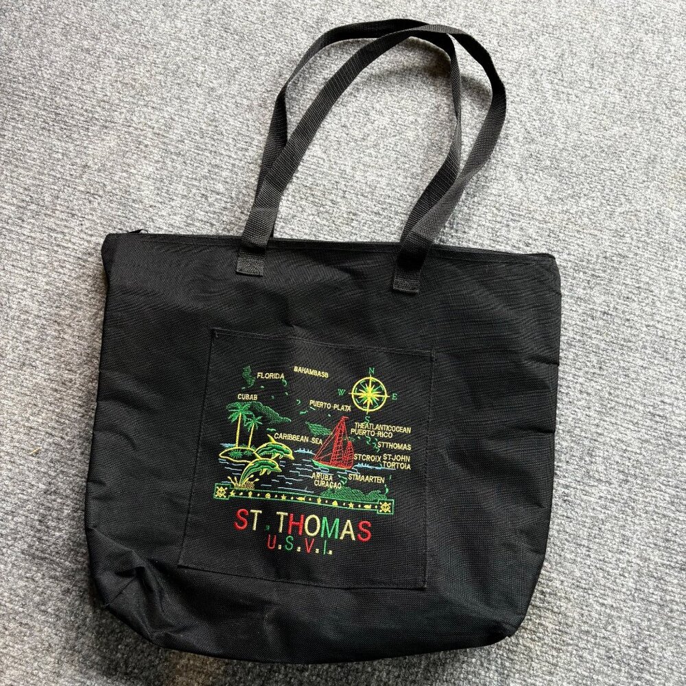 St. Thomas U.S.V.I. Black Embroidered Canvas Tote Caribbean Travel Map Bag Beach